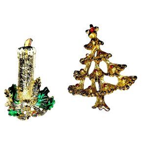 Vintage Gerrys Christmas Candle and Tree Brooch Gold Tone Enamel Holiday Pin